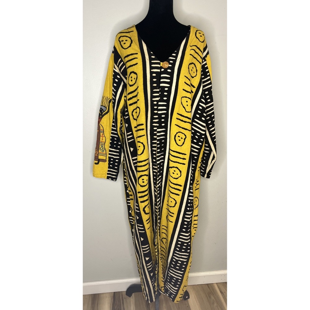 Vtg 90s NUBIAN QUEEN Mudcloth Print Maxi Duster Cardigan Dress L Cotton India